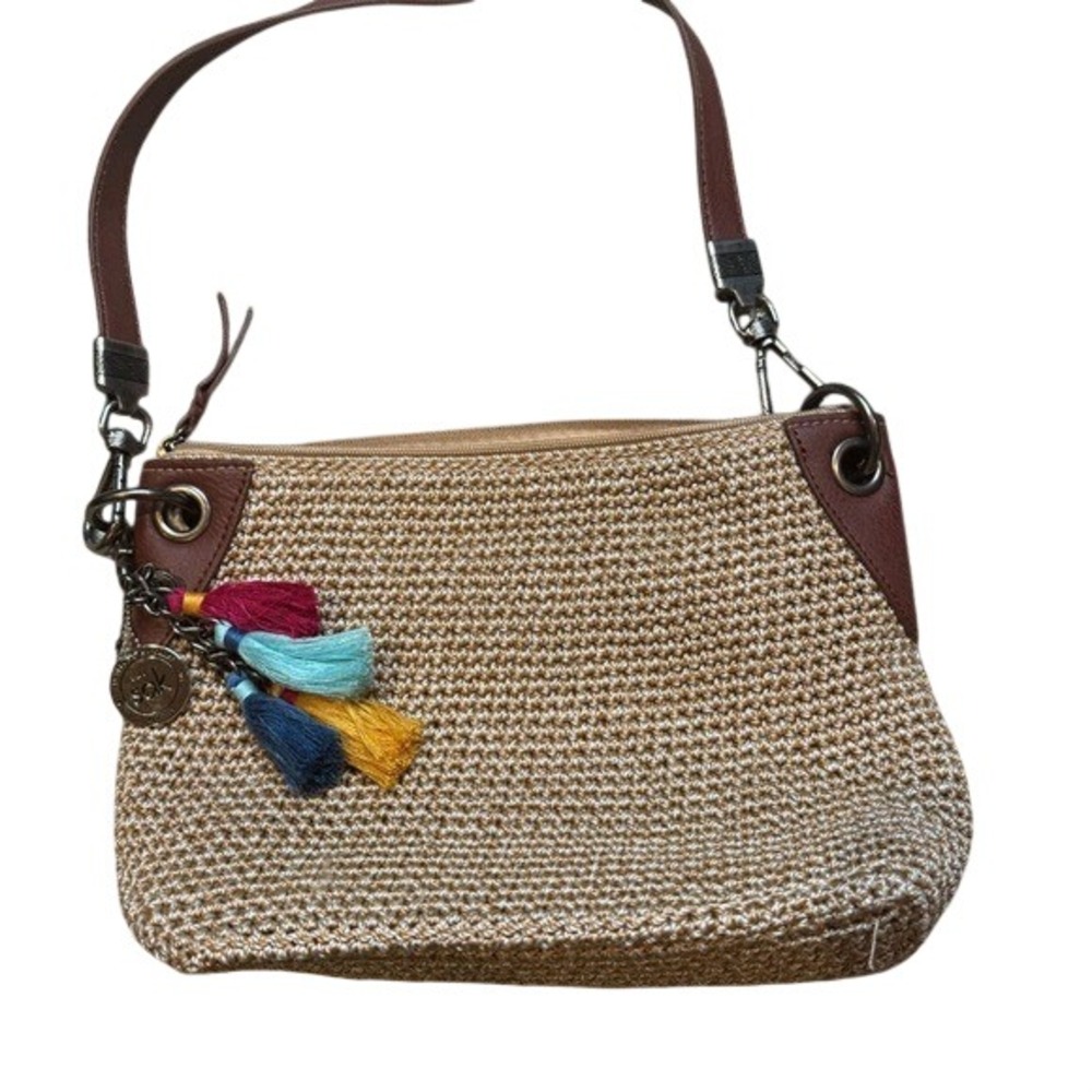 The Sak‎ Crochet Crossbody Bag Tan Brown Leather Trim Tassel Charm